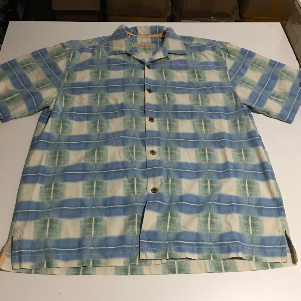 Tommy Bahama Mens Large Hawaiian Camp Shirt Silk Blend Plaid Blue Green
